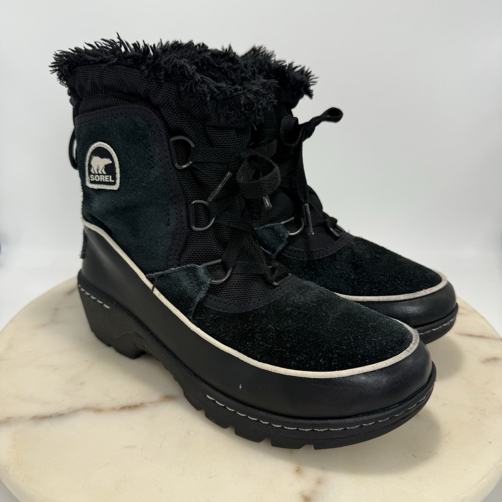 SOREL Winter Snow Boots Youth 3 Tivoli III Black Suede Faux Fur Waterproof